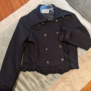 Grane Black Ruffled Military Style Waist Length Jacket Medium
